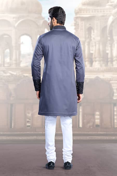 Shop Char Chaand Grey Linen, Satin Embroidery Threadwork Kurta at Aza Fashions Shop_Char Chaand_Grey Linen, Satin Embroidery Threadwork Kurta _at_Aza_Fashions