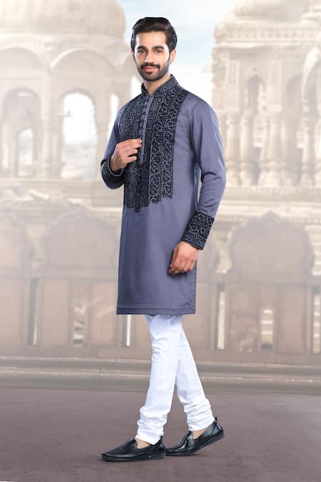 Char Chaand Grey Linen, Satin Embroidery Threadwork Kurta Online at Aza Fashions Char Chaand_Grey Linen, Satin Embroidery Threadwork Kurta _Online_at_Aza_Fashions