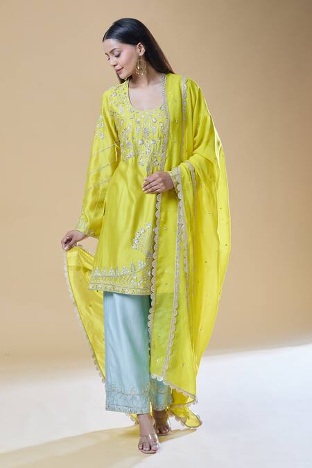 Shop_Samyukta Singhania_Yellow Chanderi, Viscose, Organza Sequins, Beads, Zari, Floral Kurta Pant Set 
