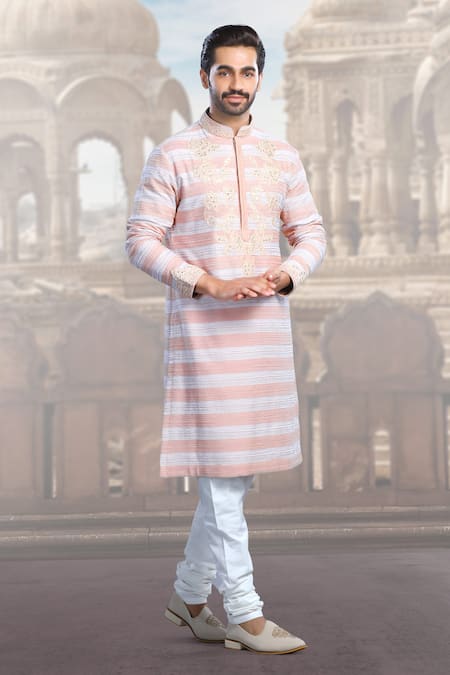 Char Chaand_Pink Silk Mirrors, Embroidery Mirrorwork Kurta _Online_at_Aza_Fashions