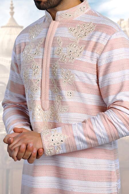 Shop_Char Chaand_Pink Silk Mirrors, Embroidery Mirrorwork Kurta _Online_at_Aza_Fashions