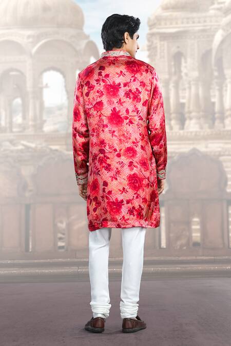 Shop Char Chaand Pink Satin, Silk Mirrors, Diamonds, Applique Floral Print Kurta at Aza Fashions Shop_Char Chaand_Pink Satin, Silk Mirrors, Diamonds, Applique Floral Print Kurta _at_Aza_Fashions