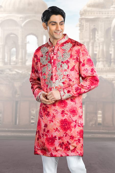 Buy Char Chaand Pink Satin, Silk Mirrors, Diamonds, Applique Floral Print Kurta Online at Aza Fashions Buy_Char Chaand_Pink Satin, Silk Mirrors, Diamonds, Applique Floral Print Kurta _Online_at_Aza_Fashions