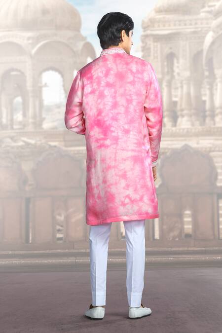 Shop Char Chaand Pink Silk Mirrors Placement Embroidered Kurta at Aza Fashions Shop_Char Chaand_Pink Silk Mirrors Placement Embroidered Kurta _at_Aza_Fashions