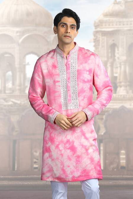 Char Chaand Pink Silk Mirrors Placement Embroidered Kurta Online at Aza Fashions Char Chaand_Pink Silk Mirrors Placement Embroidered Kurta _Online_at_Aza_Fashions