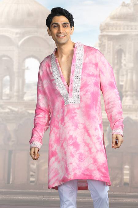 Shop Char Chaand Pink Silk Mirrors Placement Embroidered Kurta Online at Aza Fashions Shop_Char Chaand_Pink Silk Mirrors Placement Embroidered Kurta _Online_at_Aza_Fashions