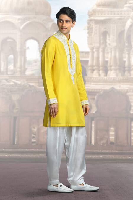 Char Chaand Yellow Silk Sequins Dori Placket Embroidered Kurta Online at Aza Fashions Char Chaand_Yellow Silk Sequins Dori Placket Embroidered Kurta _Online_at_Aza_Fashions