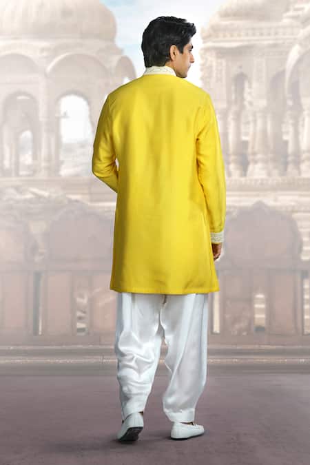 Shop Char Chaand Yellow Silk Sequins Dori Placket Embroidered Kurta at Aza Fashions Shop_Char Chaand_Yellow Silk Sequins Dori Placket Embroidered Kurta _at_Aza_Fashions