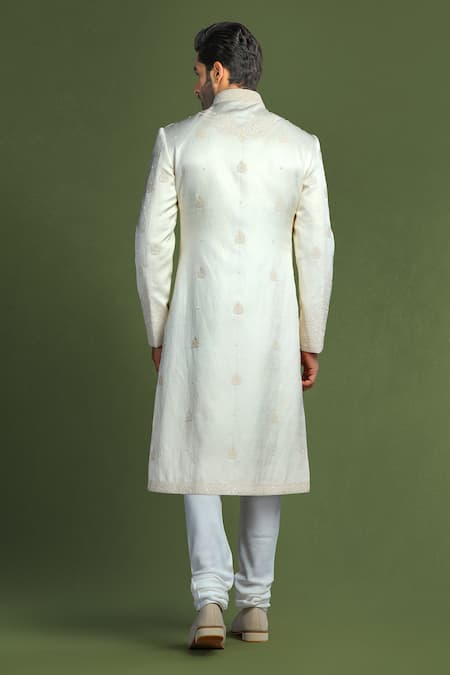 Shop Char Chaand Ivory Linen, Satin, Silk Sequins, Diamonds, Embroidery Glass Bead Sherwani Set at Aza Fashions Shop_Char Chaand_Ivory Linen, Satin, Silk Sequins, Diamonds, Embroidery Glass Bead Sherwani Set _at_Aza_Fashions
