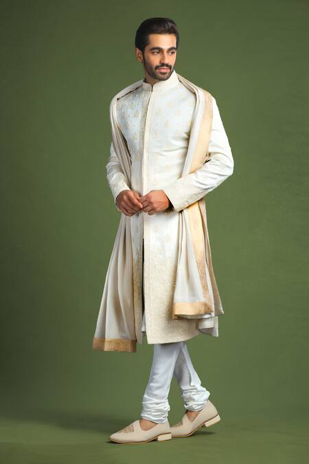 Buy Char Chaand Ivory Linen, Satin, Silk Sequins, Diamonds, Embroidery Glass Bead Sherwani Set Online at Aza Fashions Buy_Char Chaand_Ivory Linen, Satin, Silk Sequins, Diamonds, Embroidery Glass Bead Sherwani Set _Online_at_Aza_Fashions