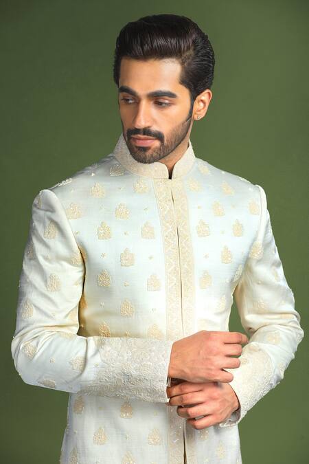Shop Char Chaand Ivory Linen, Satin, Silk Sequins, Diamonds, Embroidery Glass Bead Sherwani Set Online at Aza Fashions Shop_Char Chaand_Ivory Linen, Satin, Silk Sequins, Diamonds, Embroidery Glass Bead Sherwani Set _Online_at_Aza_Fashions