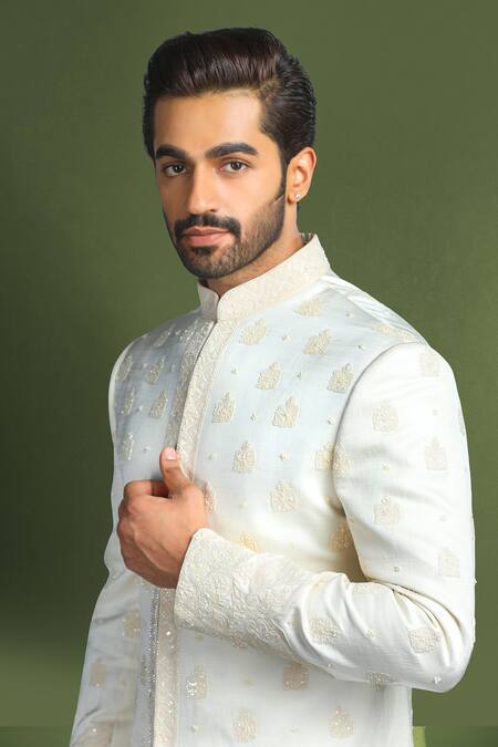 Char Chaand Ivory Linen, Satin, Silk Sequins, Diamonds, Embroidery Glass Bead Sherwani Set at Aza Fashions Char Chaand_Ivory Linen, Satin, Silk Sequins, Diamonds, Embroidery Glass Bead Sherwani Set _at_Aza_Fashions