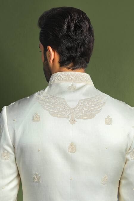Buy Char Chaand Ivory Linen, Satin, Silk Sequins, Diamonds, Embroidery Glass Bead Sherwani Set Buy_Char Chaand_Ivory Linen, Satin, Silk Sequins, Diamonds, Embroidery Glass Bead Sherwani Set