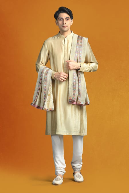 Char Chaand Beige Linen Satin Embroidery Thread Floral Vine Sherwani Set 