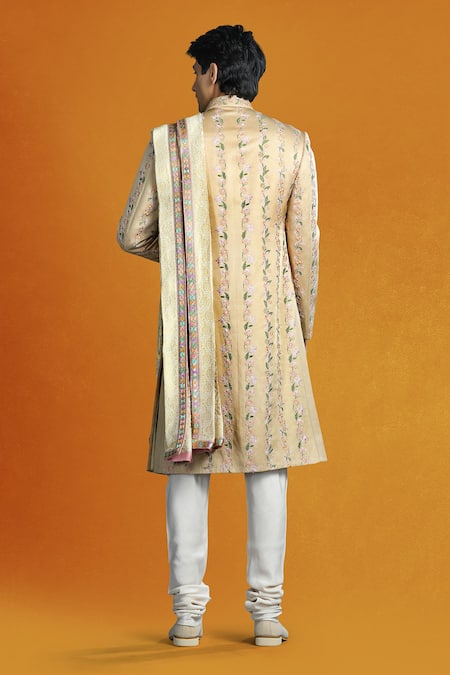 Shop Char Chaand Beige Linen, Satin Embroidery Floral Vine Sherwani Set at Aza Fashions Shop_Char Chaand_Beige Linen, Satin Embroidery Floral Vine Sherwani Set _at_Aza_Fashions