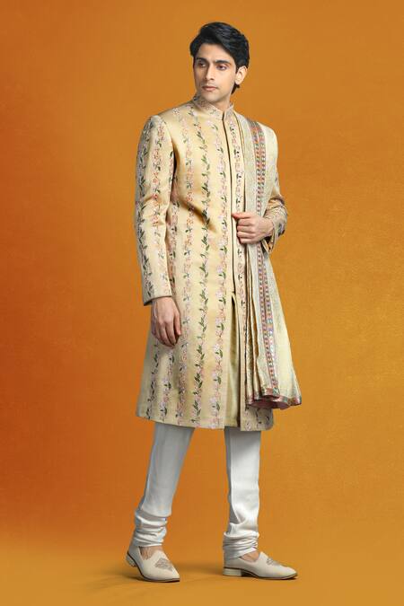 Buy Char Chaand Beige Linen, Satin Embroidery Floral Vine Sherwani Set Buy_Char Chaand_Beige Linen, Satin Embroidery Floral Vine Sherwani Set