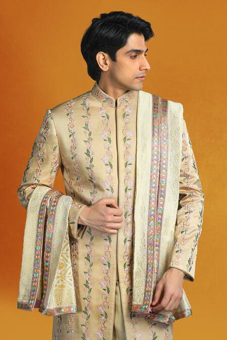 Shop Char Chaand Beige Linen, Satin Embroidery Floral Vine Sherwani Set Shop_Char Chaand_Beige Linen, Satin Embroidery Floral Vine Sherwani Set