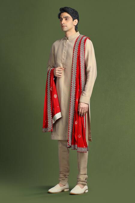 Char Chaand_Red Linen, Satin Embroidery, Zari Floral Sherwani Set _Online_at_Aza_Fashions
