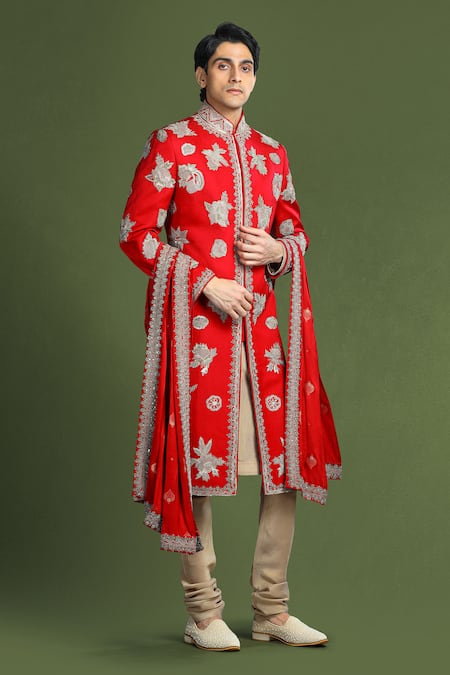 Shop_Char Chaand_Red Linen, Satin Embroidery, Zari Floral Sherwani Set _Online_at_Aza_Fashions