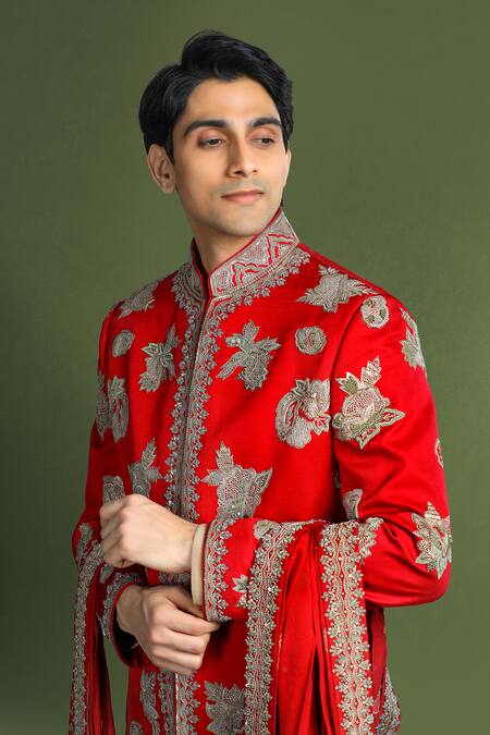 Char Chaand_Red Linen, Satin Embroidery, Zari Floral Sherwani Set _at_Aza_Fashions