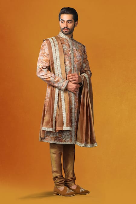 Char Chaand_Beige Silk Embroidery, Sequins, Zari Paisley Print Sherwani Set _Online_at_Aza_Fashions
