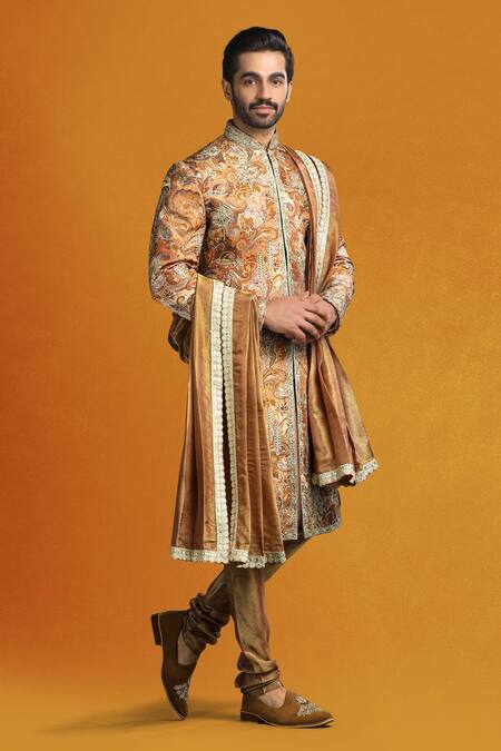 Buy_Char Chaand_Beige Silk Embroidery, Sequins, Zari Paisley Print Sherwani Set _Online_at_Aza_Fashions