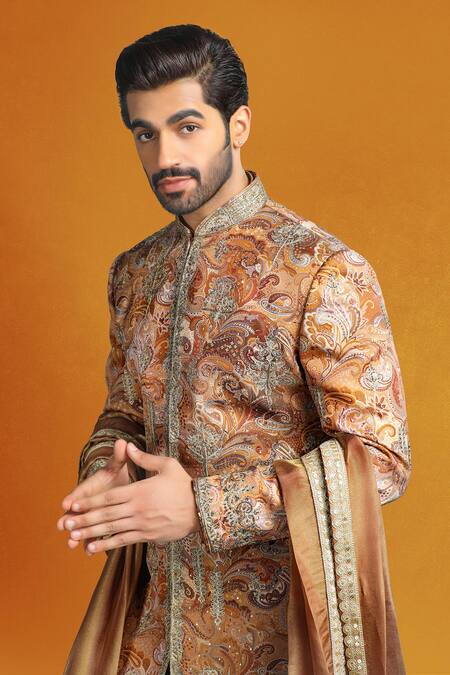 Shop_Char Chaand_Beige Silk Embroidery, Sequins, Zari Paisley Print Sherwani Set _Online_at_Aza_Fashions