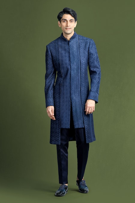 Char Chaand Blue Chikankari Embroidery Thread Geometric Sherwani And Pant Set 