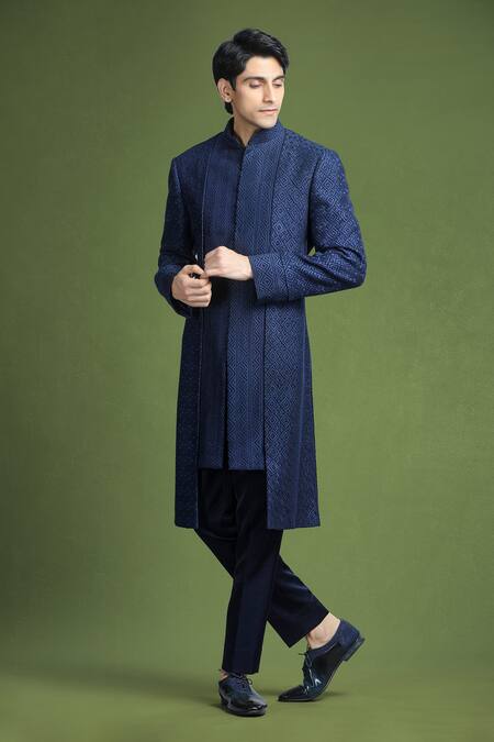 Char Chaand_Blue Chiffon, Chanderi Embroidery Geometric Sherwani And Pant Set_Online_at_Aza_Fashions
