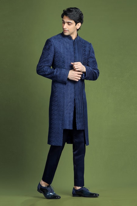 Buy_Char Chaand_Blue Chiffon, Chanderi Embroidery Geometric Sherwani And Pant Set_Online_at_Aza_Fashions