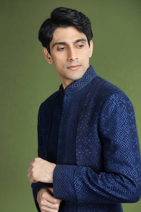 Shop_Char Chaand_Blue Chiffon, Chanderi Embroidery Geometric Sherwani And Pant Set_Online_at_Aza_Fashions
