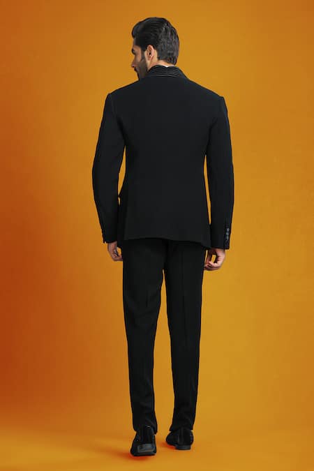 Shop Char Chaand Black Polyester Beads, Embroidery Placket Tuxedo Set at Aza Fashions Shop_Char Chaand_Black Polyester Beads, Embroidery Placket Tuxedo Set _at_Aza_Fashions