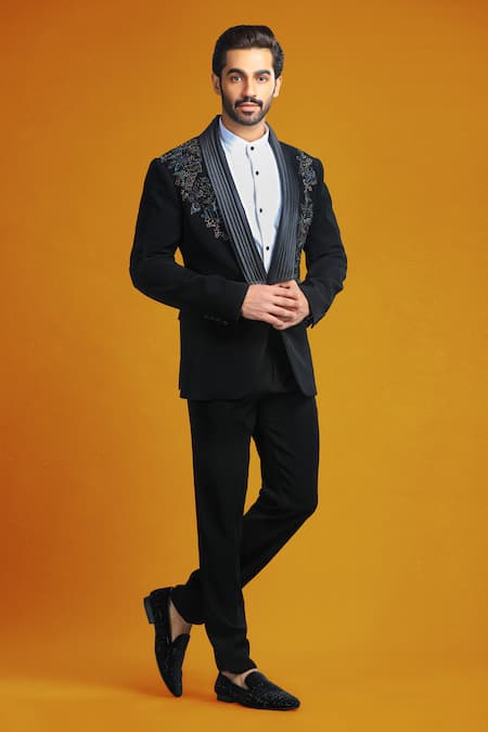 Char Chaand Black Polyester Beads, Embroidery Placket Tuxedo Set Online at Aza Fashions Char Chaand_Black Polyester Beads, Embroidery Placket Tuxedo Set _Online_at_Aza_Fashions