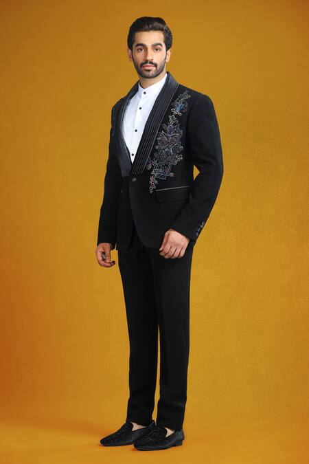 Buy Char Chaand Black Polyester Beads, Embroidery Placket Tuxedo Set Online at Aza Fashions Buy_Char Chaand_Black Polyester Beads, Embroidery Placket Tuxedo Set _Online_at_Aza_Fashions
