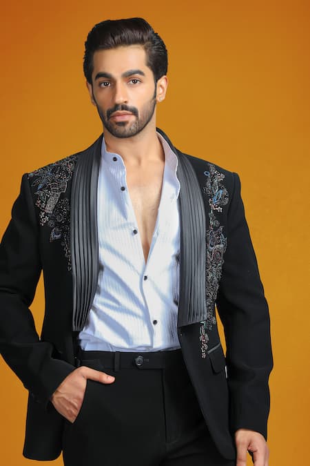 Shop Char Chaand Black Polyester Beads, Embroidery Placket Tuxedo Set Online at Aza Fashions Shop_Char Chaand_Black Polyester Beads, Embroidery Placket Tuxedo Set _Online_at_Aza_Fashions