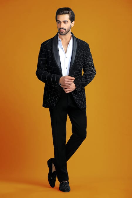 Char Chaand_Black Polyester Beads Abstract Embroidered Tuxedo Set _Online_at_Aza_Fashions