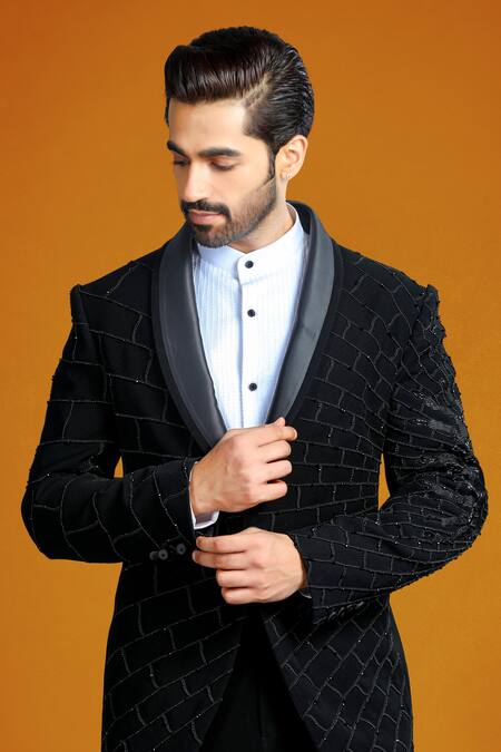 Buy_Char Chaand_Black Polyester Beads Abstract Embroidered Tuxedo Set _Online_at_Aza_Fashions