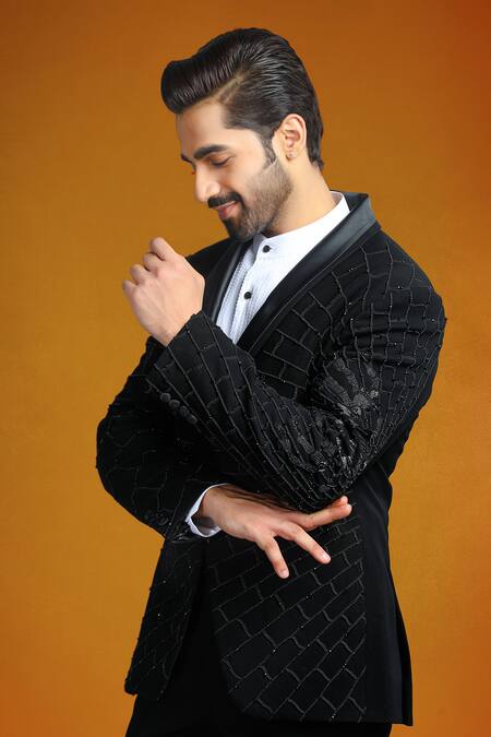 Shop_Char Chaand_Black Polyester Beads Abstract Embroidered Tuxedo Set _Online_at_Aza_Fashions