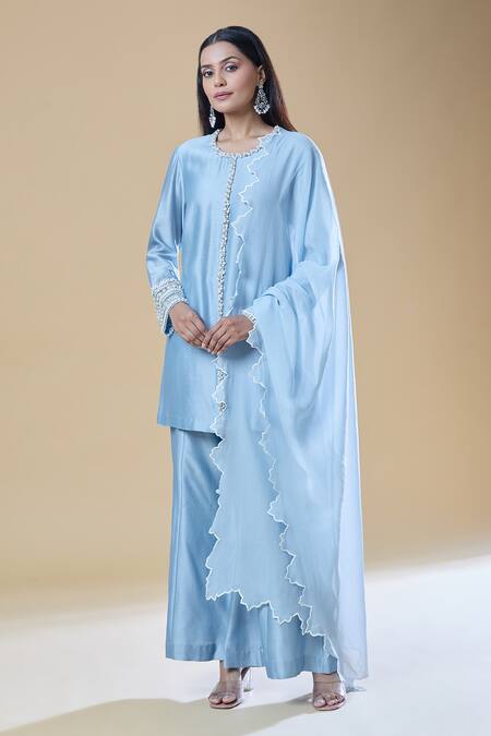 Buy_Samyukta Singhania_Blue Chanderi, Viscose Pearls, Stones Round Neck And Embroidered Kurta Pant Set 