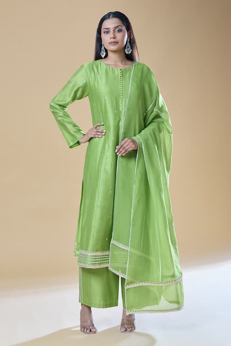 Buy_Samyukta Singhania_Green Chanderi, Viscose Sequins, Gota Patti Round Embroidered Kurta Pant Set 