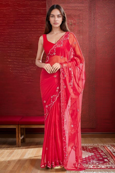 Samyukta Singhania Red Shimmer Floral Mirror Work Saree 