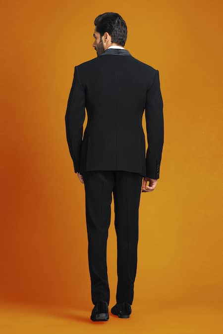 Shop_Char Chaand_Black Cotton Sequins, Beads Seahorse Patchwork Embroidered Tuxedo Set _at_Aza_Fashions