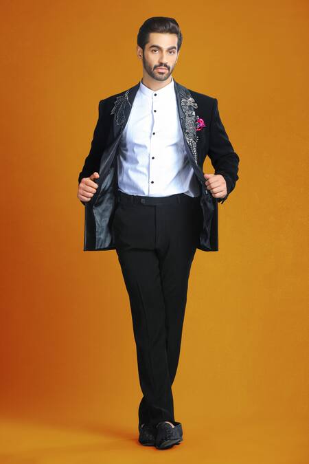 Char Chaand_Black Cotton Sequins, Beads Seahorse Patchwork Embroidered Tuxedo Set _Online_at_Aza_Fashions