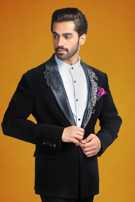 Buy_Char Chaand_Black Cotton Sequins, Beads Seahorse Patchwork Embroidered Tuxedo Set _Online_at_Aza_Fashions