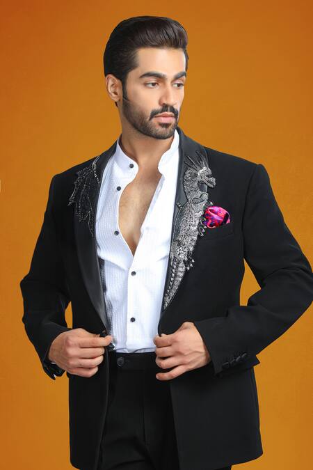 Shop_Char Chaand_Black Cotton Sequins, Beads Seahorse Patchwork Embroidered Tuxedo Set _Online_at_Aza_Fashions