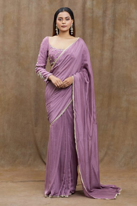 Samyukta Singhania Purple Chanderi Silk Sequins, Embroidery Scoop Lace Bordered Saree With Blouse at Aza Fashions Samyukta Singhania_Purple Chanderi Silk Sequins, Embroidery Scoop Lace Bordered Saree With Blouse _at_Aza_Fashions