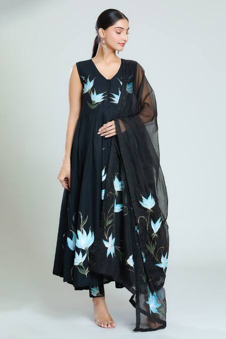 Shop_Samyukta Singhania_Black Muslin, Chiffon, Cotton Embroidery Floral Handpainted Anarkali Pant Set