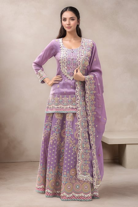 Samyukta Singhania Purple Silk Embroidered Gota Notched Round Kurta Lehenga Set 