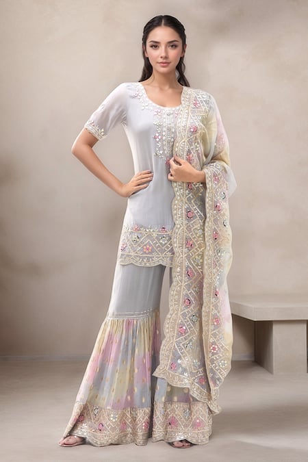 Samyukta Singhania Grey Kurta And Sharara Chiffon Embroidered Gota Round Floral Set 