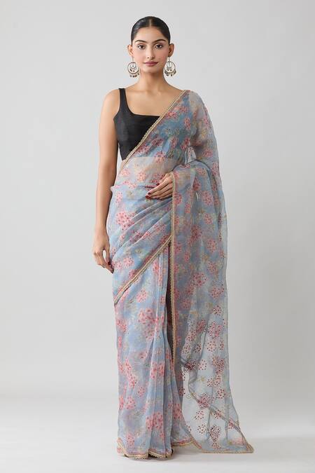 Shop_Samyukta Singhania_Grey Organza, Silk Embroidery Floral Print Saree With Running Blouse_Online_at_Aza_Fashions